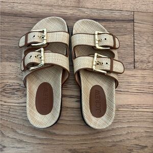 J. Crew Tan and Gold Double Buckle Slides